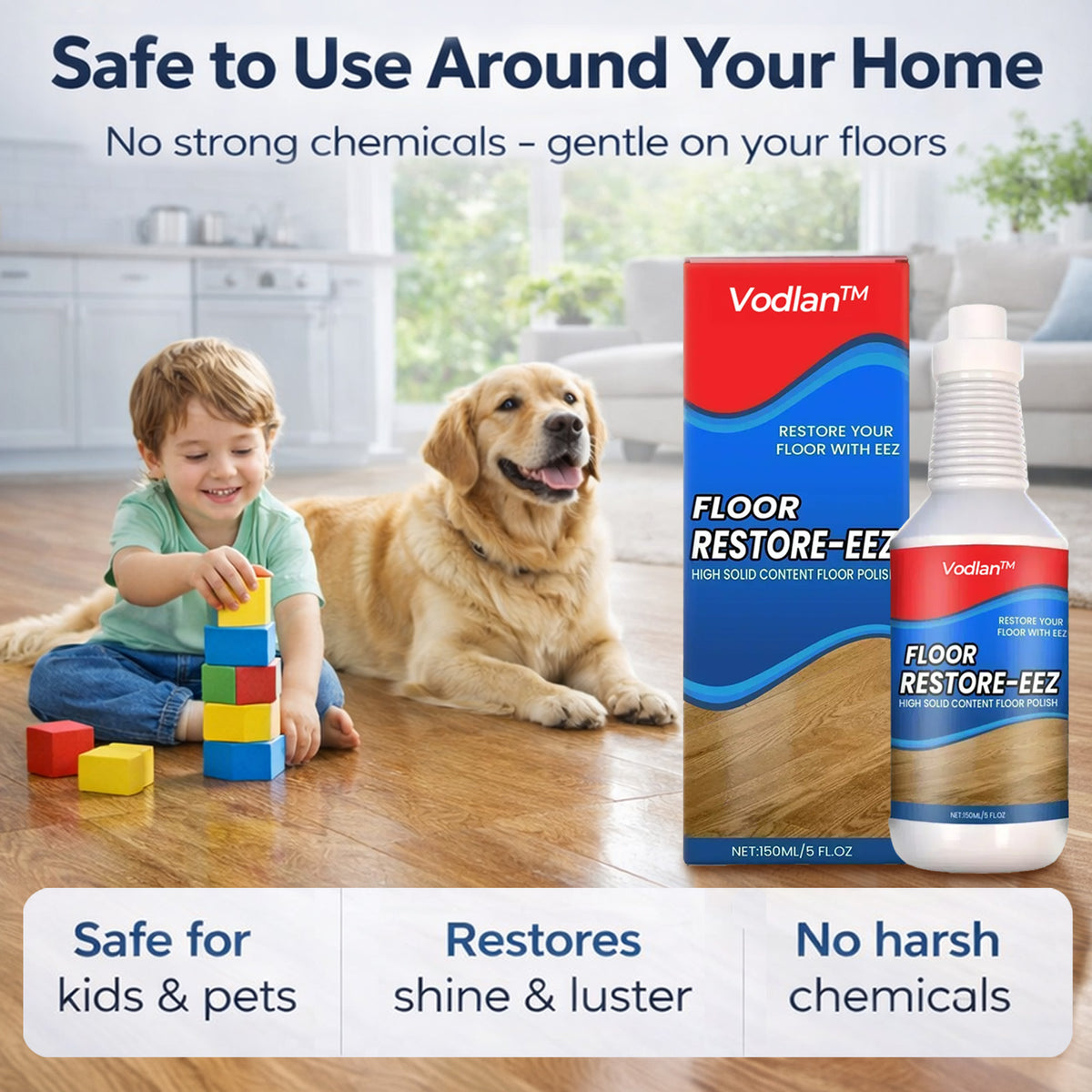 Vodlan™ Floor Restorer – Fast-drying, non-toxic shine. ✨
