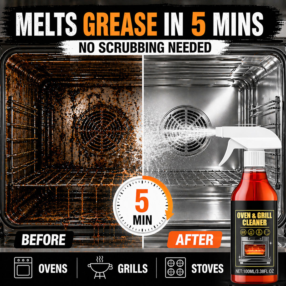 ✨Vodlan™ Oven & Grill Cleaner Spray – Dissolves Grease in 5 Mins, No Scrubbing & Eliminates Odors