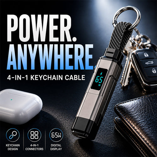 Lumiazos™ 4-in-1 EDC Charging Cable – 65W USB-C Fast Charging Keyring Cable with Live Digital Display
