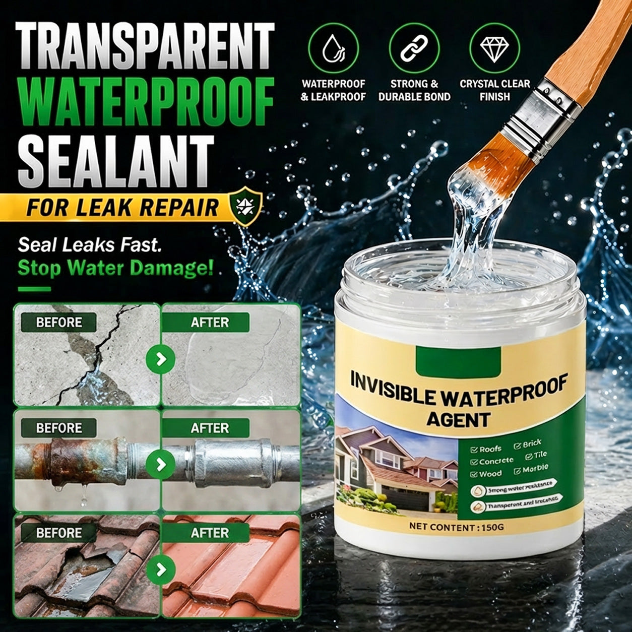 Vodlan™💧🛠️ Transparent Waterproof Sealant for Leak Repair🚿 No More Water Damage