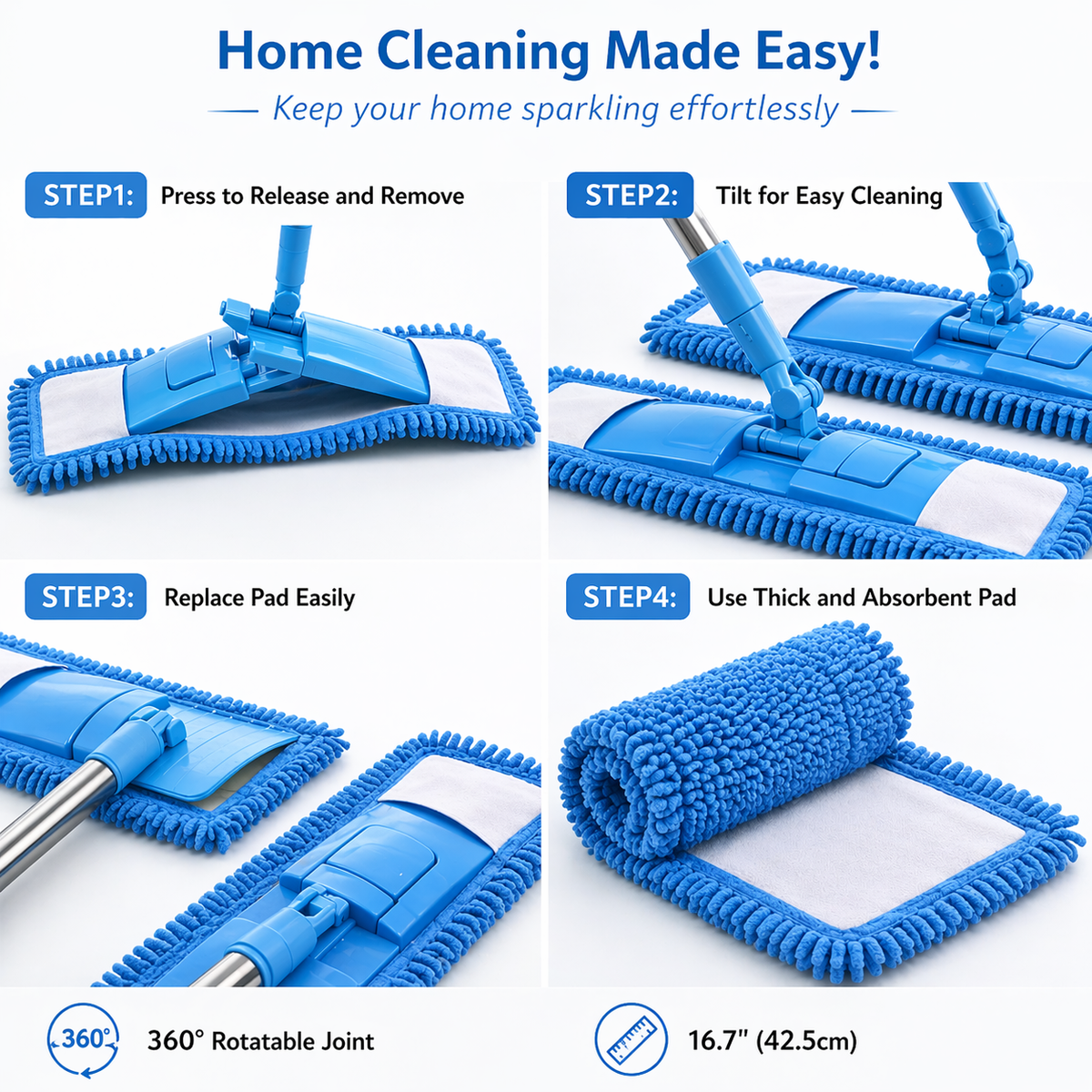Vodlan™ Detachable Coral Fleece Flat Mop with Stainless Steel Handle
