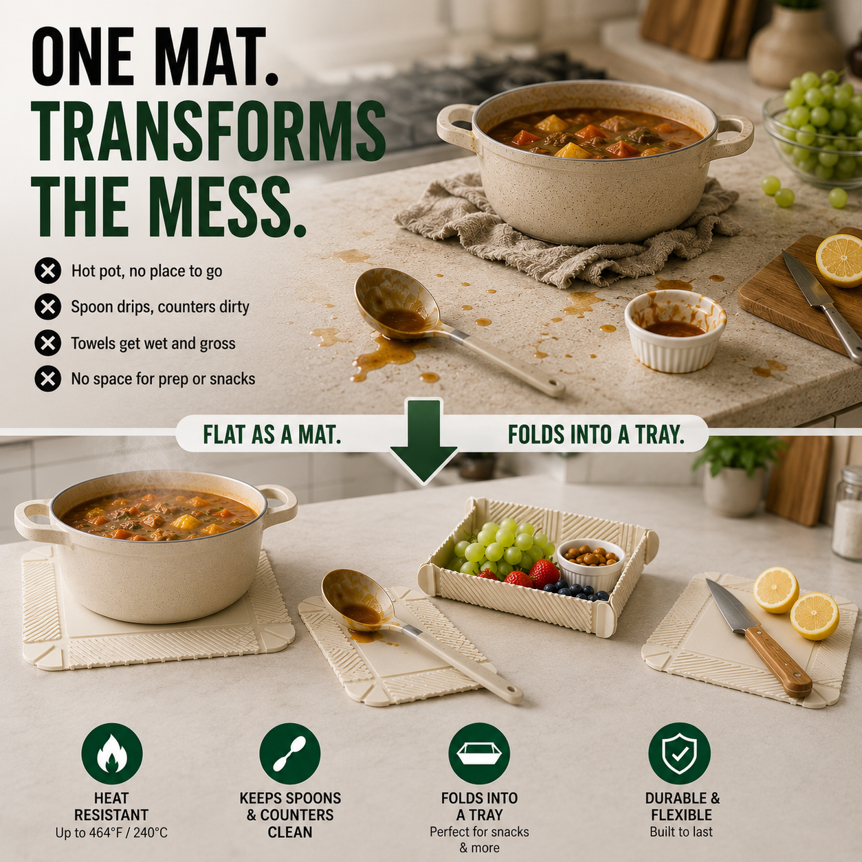 Vodlan™ Foldable Silicone Kitchen Mat – Trivet, Spoon Rest & Snack Tray in One