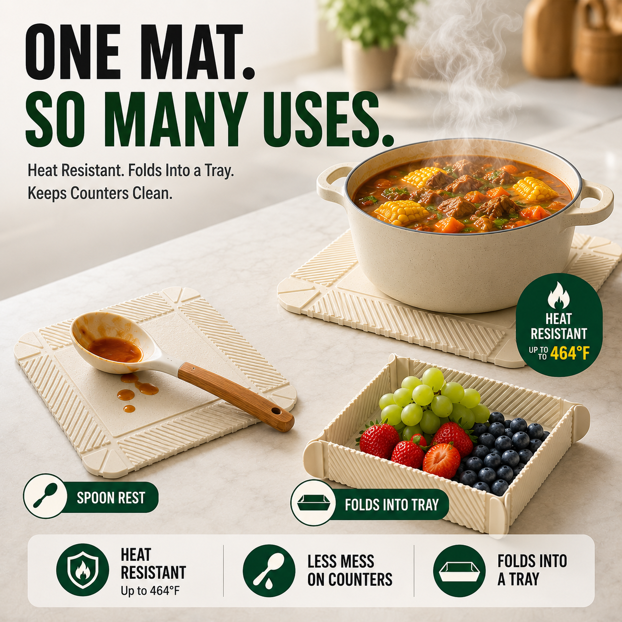 Vodlan™ Foldable Silicone Kitchen Mat – Trivet, Spoon Rest & Snack Tray in One