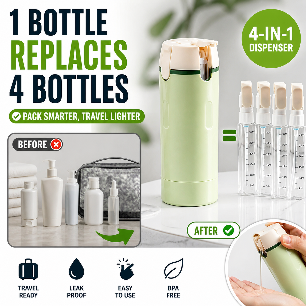 Vodlan™ Travel Dispenser - Carry 4 Essentials in 1 Bottle